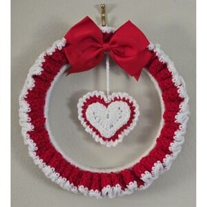 Handmade Crochet‎ Heart Ruffle Wreath Red White Valentine Love Wall Decor 10.5"